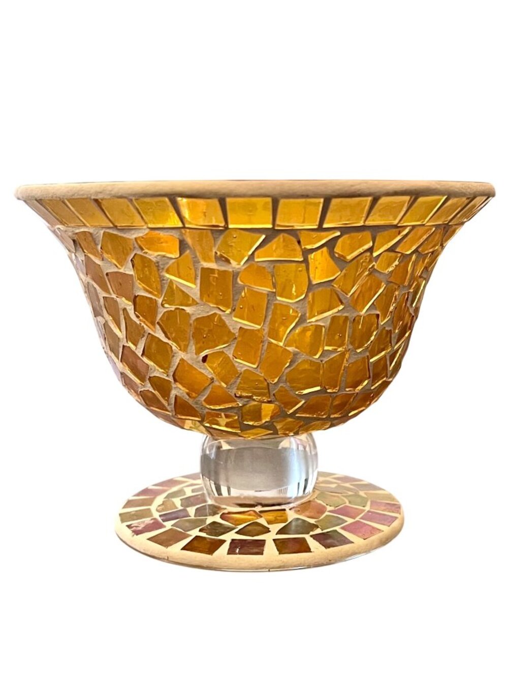 Amber Iridescent Mosaic Glass Pedestal Bowl Tiles Candy Nuts Candle Home Accent